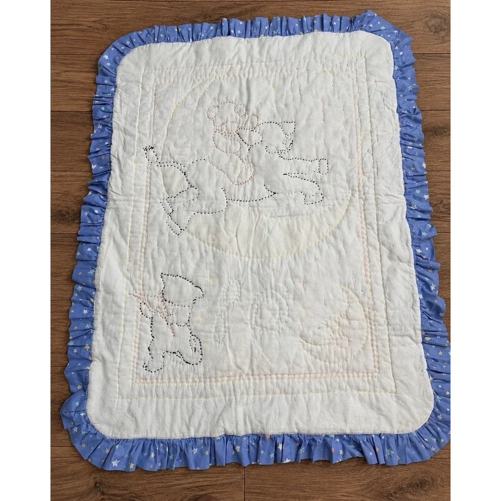Vintage 90s Baby Crib Quilt Blanket Cow Teddy Bear Moon Stars Ruffle 47x26.5